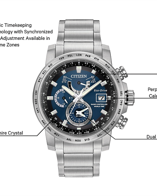 World Time A T Blue Dial Stainless Steel Bracelet AT9070 51L CITIZEN